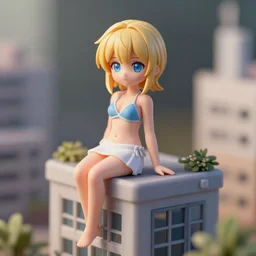 tiny father a tall daughter picture : a very beautiful young blond macro anime girl sitting on a micro building, sky blue eyes, bikini, white miniskirt, highly detailed, cinematic wallpaper by stanley artgerm lau