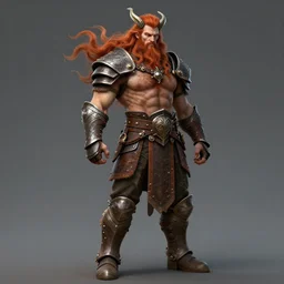 ginger viking with flowing long wavy hair in leather and metal armor, bare chest, very pale, very hairy, very muscular, very tall, full body picture, fantasy, dungeons and dragons, detailed digital art, 4 k
