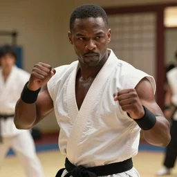 a film still of a black man starring in a japanese blockbuster film as kazuya from tekken, shallow depth of field, cinematic, award winning cgi, vfx, film still