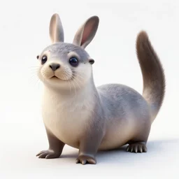 bipedal albino amphibious otter seal hybrid with cute eyes, rabbit ears, and a big tail