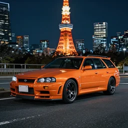 wideshot of a Nissan Skyline station wagon in a metallic orange color, in tokyo at night, highly detailed, 4k photo, shot with sony alpha