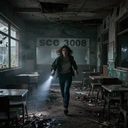 woman holding a flashlight running through the interior of an abandoned Cafe with no windows, tables and chairs, cinematic lighting, night, terrifying, scp 3008, landscape, fog, artstation