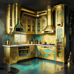 a photo of a concept architecture art house solarpunk kitchen, style brutalism, gold and black turquoise ratio, extremely detailed, sharp focus, wide view, smooth, digital illustration, colorfull, by william turner, by alphonse mucha