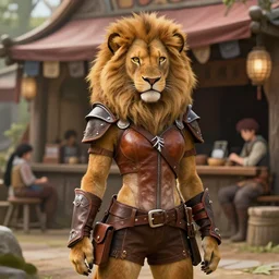 beautiful portrait of a female anthropomorphic lion fursona wearing fantasy leather adventurer's clothes outside a fantasy tavern. character design by charlie bowater, ross tran, artgerm, and makoto shinkai, detailed, soft lighting, rendered in octane