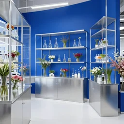 blue wall, high detailed image, silver steel & glass, labotory concept flower shop interior design