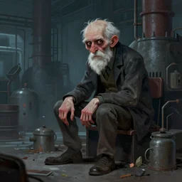 creepy mutated old man sitting in a dark factory environment, painted by by oleg vdovenko, chuvabak, maxim verehin, piotr jablonski, trending on artstation, character painting, digital illustration, muted colors