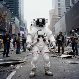 american white spacesuit astronaut in postapocalyptic abandoned times square, overcast, by steve mccurry, by oleg oprisco, by thomas peschak, by nasal, by victor enrich, by gregory crewdson