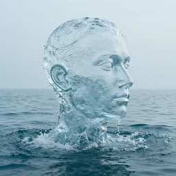 a sculpture made of water in the shape of a human head, on the ocean water, water manipulation, behance, cinematic, in the style of johnson tsang, long shot, hyper detailed, hyper realistic, ray tracing, 8 k resolution, sharp focus, realistic water