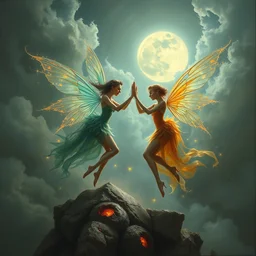concept art of translucent glowing fairies dancing, lovecraftian, renaissance, melting, round moon, rich clouds, fighting the horrors of the unknown, very detailed, volumetric light, mist, fine art, decaying, textured oil over canvas, epic fantasy art, very colorful, ornate intricate scales