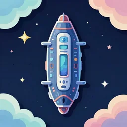 a frontal drawing of a magic vertical ship center in the image with a dark blue background and colorful clouds with stars by takashi murakami, beeple and james jean, aya takano color style, trippy, 8 k, super detailed, night sky, digital art, digital painting, clean