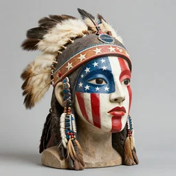 a beautiful portrait sculpture designed by Sandra Chevrier, tribal head dress, American stars and stripes on face