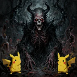 spiritual horror lsd art in dark & muted colors disturbing grunge still of a lovecraftian demon infested bruce campbell, paint, digital art, pokemon, electric colors, dark mode, tones of black, flowing and organic background
