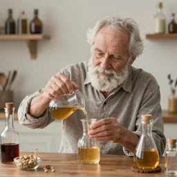 a 4k photograph of an old man creating the potion of youth