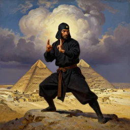 a dark orientalist close portrait of an egyptian / arabic style kung fu - monk in a fighting pose on top of a pyramid overlooking the ancient monumental egyptian ruin city at dusk under dramatic skies with billowing cumulus clouds, painted by anders zorn, craig mullins and norman rockwell