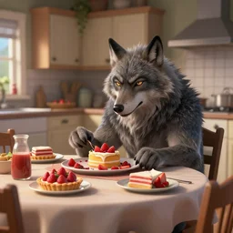 cute handsome cuddly burly surly relaxed calm timid werewolf from van helsing sitting down at the breakfast table in the kitchen of a normal suburban home having fun baking strawberry tart cakes unreal engine hyperreallistic render 8k character concept art masterpiece screenshot from the video game the Elder Scrolls V: Skyrim