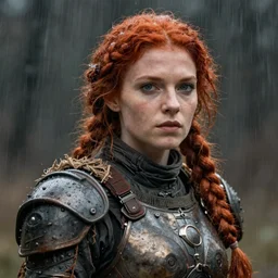 a rustic woman wearing futuristic armor, detailed face, redhead, rain, by greg rutkowski, mandy jurgens