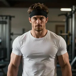 musculated athlete with a light beard, a black tissue band on his head, he wears a white t - shirt, blurry background of a gym room, disney, pixar, bloom, medium shot, dramatic lighting, in the style of studio ghibli, j. c. leyendecker, greg rutkowski, artgerm