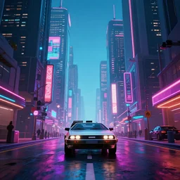 delorean in the middle of a street of cyberpunk city with skyscrapers, shot taken from far away, artstation award winner, digital art, volumetric lighting, neon colors, octane render