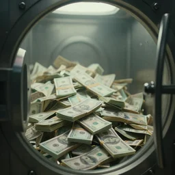 a film still of cash money piling up in a vault, shallow depth of field, cinematic, award winning cgi, vfx, film still cfg _ scale : 2 4. 0
