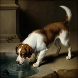 renaissance painting of a dog drinking water
