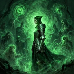side profile, imogen poots, cursed paladin armor, gloomhaven, luminescent, haunted green swirling souls, evil inky swirly ripples, sickly green colors, by greg manchess, huang guangjian, gil elvgren, sachin teng, greg rutkowski, jesper ejsing, ilya kuvshinov