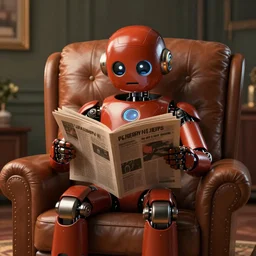 futuristic lonely matte brown and red full-body humanoid robot with two huge round expressive sad LED eyes and open rectangular mouth sitting on a large comfortable cushioned 1950s vintage recliner reading a newspaper. open newspaper. Cinematic Lighting, Cinematic Movie Photograph, Arri Alexa, Extremely Detailed, smooth, very very clean, 8K, octane render, maya render, unreal engine, trending on artstation, DSLR, excellent composition, center frame