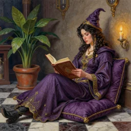 a pastel drawing of a female wizard, ornate clothing, lounging on a purpur pillow on the marbled checkered floor in his study room reading an ancient tome. to the side is a potted plant, moody candlelit raytracing. ancient scifi fantasy setting. detailed face, sharp focus. by chie yoshii and mati klarwein