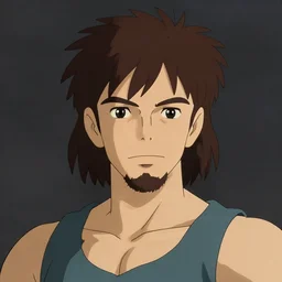 young portrait, brown hair brown, mullet, goatee, olive skin, strong jaw, strong neck, tank top, art by studio ghibli and greg rutkowski and artgerm and ilya kuvshinov, portrait, d & d, fantasy, highly detailed, digital painting, headshot, trending on artstation, concept art, sharp focus, illustration