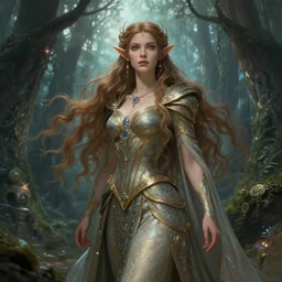 medium shot of a fantasy elf female sorceress queen with long hair flowing in an ancient forest filled with magic, highly detailed, digital painting, artstation, smooth, sharp focus, illustration, art by artgerm and greg rutkowski and alphonse mucha, intricate dress, fine