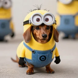 Dachshund in a minion costume