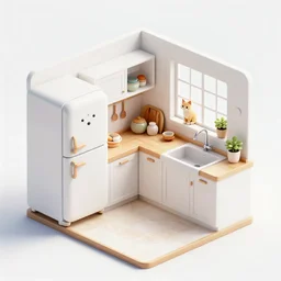 cute kitchen, refrigerator, sink, isometric art, white furniture, cat on window, bright, artstation, highly detailed, cinematic lighting + masterpiece