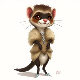 detailed illustration : ferret character : wearing a stravagant fur dress : wearing diamonds stiletto : head torso legs : behance artstation : lorax movie