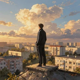 Man in black adidas tracksuit looking atop of a urban plateau filled with soviet apartment buildings, golden hour, dreamy, beautiful clouds, ultra detailed beautiful lighting, wallpaper, cityscape, beautiful artwork by Makoto Shinkai
