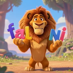 pixar lion holding up text letters f, a, l, c, o, n, i,