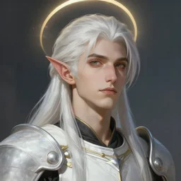 closeup portrait of a young beautiful calm and pious male aasimar paladin halo above head with medium length white hair wearing white vestments under armor, pensive and hopeful expression, illustration, painterly, WLOP, Greg Rutkowski, intricate, masterpiece, sharp, 8k