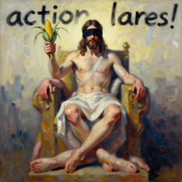 mammon, blinfolded jesus sitting on throne of entwined bodies, holding cornucopia, painting by phil hale, 'action lines'!!!, graphic style, visible brushstrokes, motion blur, blurry