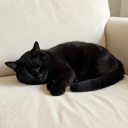 a beautiful black cat sleeping on a fluffy sofa