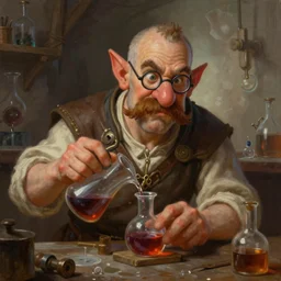 a beautiful portrait painting of a short haired dnd alchemist dwarf in his 3 0's with brown moustache no glasses and big nose mixing a potion in medieval lab, artstation fantasy gnome, deviantart fantasy gnome, world of warcraft gnome portrait, pathfinder gnome, art by keith parkinson and greg rutkowski and tim hildebrandt