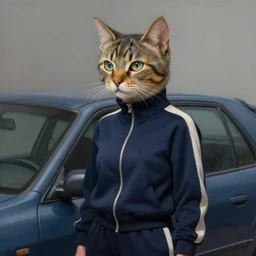 epic professional digital art of female human - cat hybrid animal wearing navy tracksuit, humanoid car head, cat ears, painting, by leesha hannigan, iris van herpen, artstation, cgsociety, wlop, epic, much wow, much detail, gorgeous, detailed, cinematic, masterpiece