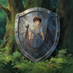 big magic shield in the fantasy forest, by ghibli, pixar, disney, dark, albert bierstadt, 4 k, high detail
