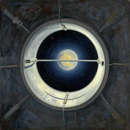 intergalactic stargate portal in a space station with a view of a planet in the background by franz marc and anton otto fischer, style of wabi - sabi