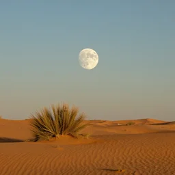 the moon on resting on the desert, golden hour, 8 k