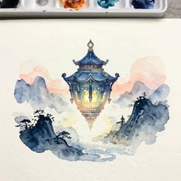 centered on watercolor paper, paint brush strokes, watercolor painting of a fantasy artifact landscape at dawn, oriental, cinematic light, in the style of noriyoshi ohrai