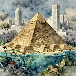 a realistic and atmospheric watercolor concept art from howl's moving castle ( 2 0 0 4 ) of an egyptian pyramid complex underwater with jungle surrounding it. sci - fi white skyscrapers in the background. very dull muted colors, hd, 4 k, hq