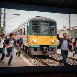 movie screen with a train coming through it. people yelling and running away from the train. 4K photo