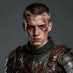 portrait painting of a bitter young man with severe burn scars on his face and poorly cut very short hair wearing tattered leather armor, ultra realistic, concept art, intricate details, eerie, highly detailed, photorealistic, octane render, 8 k, unreal engine. art by artgerm and greg rutkowski and charlie bowater and magali villeneuve and alphonse mucha