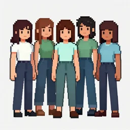 female pixel characters, Moebius, kim jung gi, Greg Rutkowski, Zabrocki, Karlkka, Jayison Devadas, Phuoc Quan, trending on Artstation, 8K, ultra wide angle, pincushion lens effect