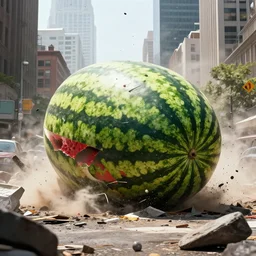 Eventually, the giant watermelon made its way to a major city. It was destroying everything it came across, and the city was in chaos. Cinematic