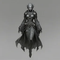 female revenant, grey tarnished robes, vengeful, floating, no legs, high fantasy, steampunk, monochromatic, detailed face, highly detailed, smooth, shrap focus, matte digital illustration, by koyorin, donato giancola, pixiv