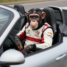 a chimpanzee in a racing suit sitting in a porsche cabrio, photography, commercial photo